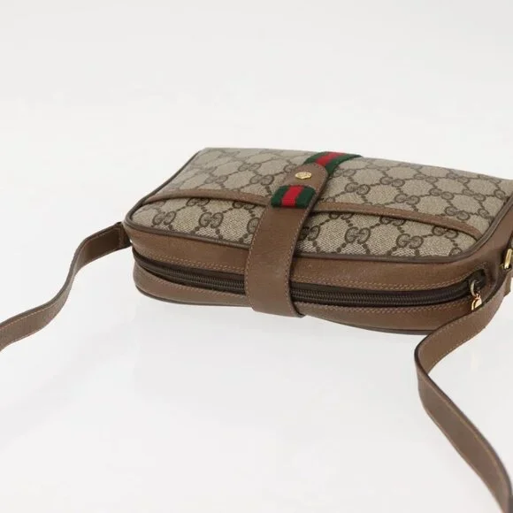 GUCCI GG Canvas Web Sherry Line Shoulder Bag PVC Leather Beige Green